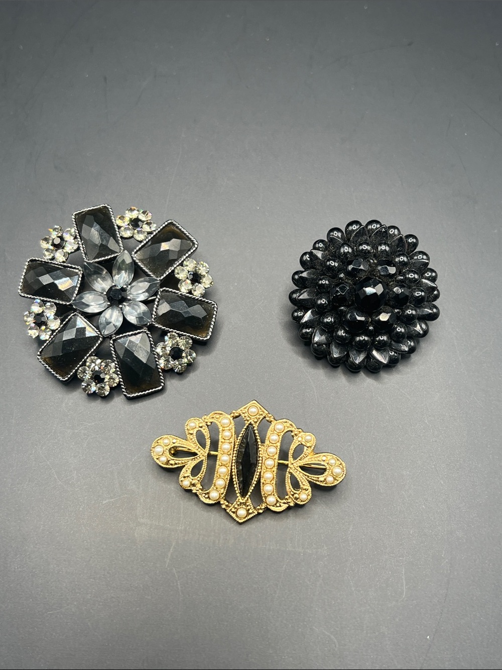 Gold and Black Vintage-Style Brooch Set - Elegant Floral and Filigree Pins